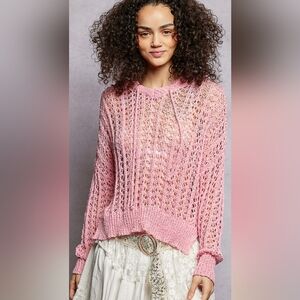 POL Pink Open-Knit Crewneck Hoodie Sweater